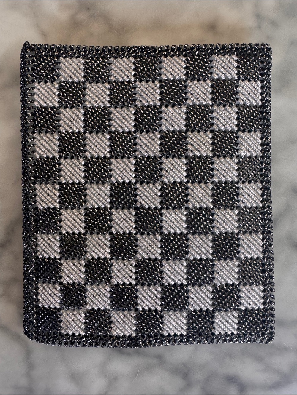 Black White Beaded Checkered Clutch Bag